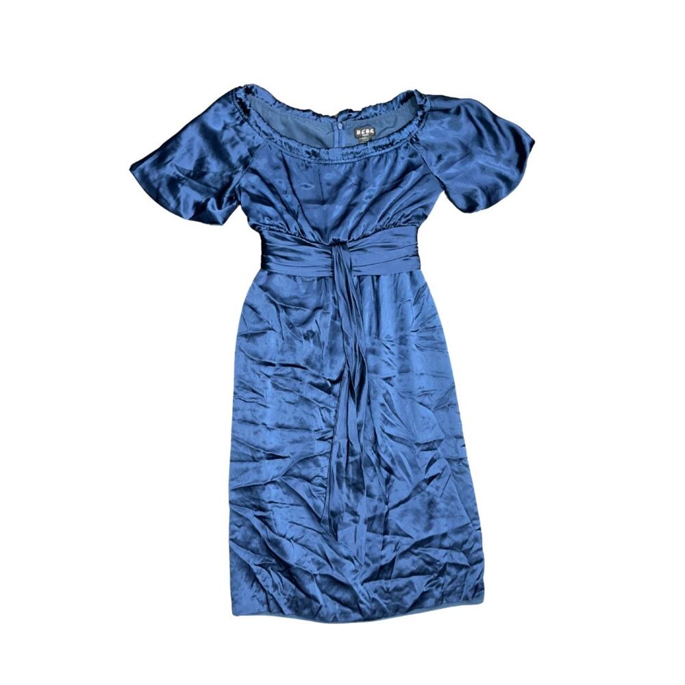 BCBG Paris Navy Blue Satin like Dress tie cinched waist knee length Size 2